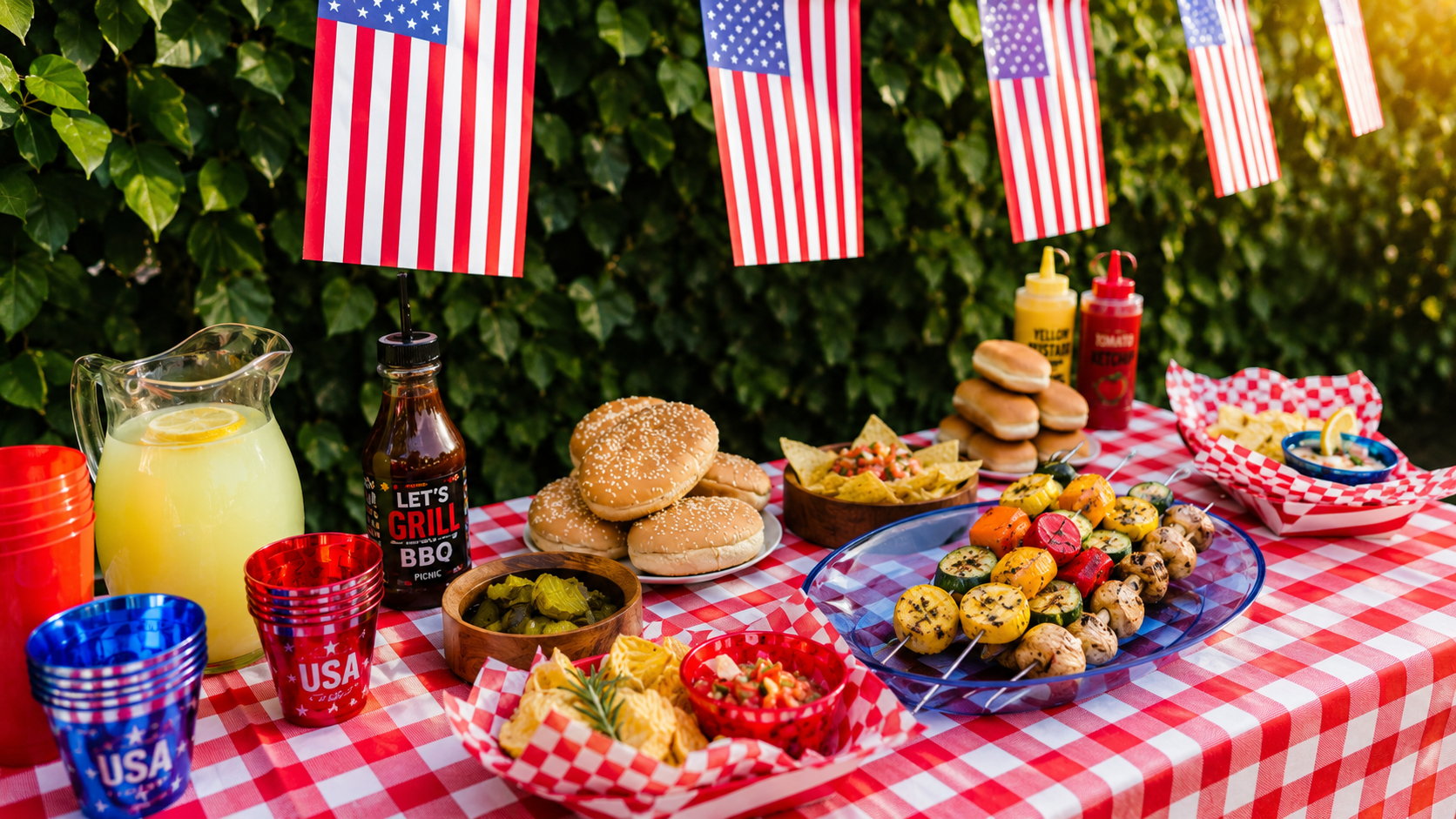Fourth of July picnic and outdoor barbecue with American flags in Denver Colorado