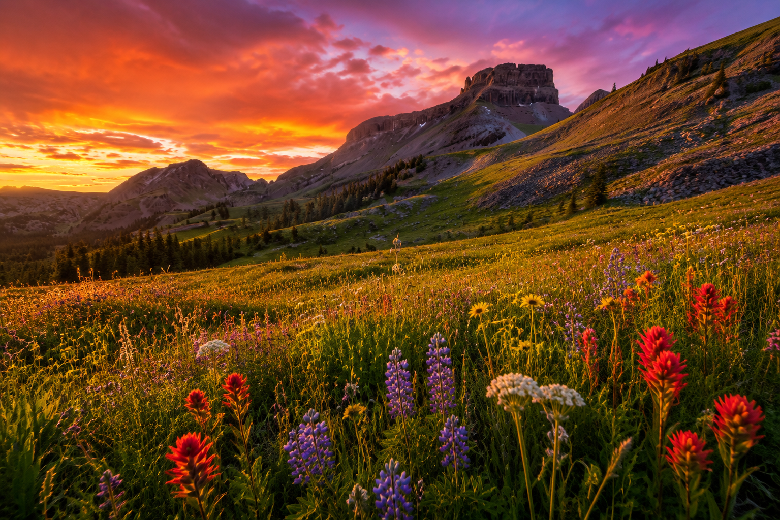 golden-hour light over a Colorado mountain range with wildflowers in the foreground, late July
